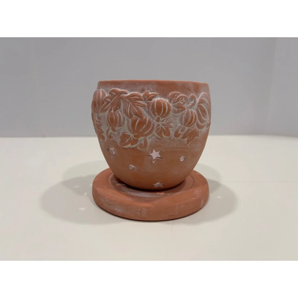 Pier 1 Terracotta Pumpkin Tea Light Candle Holder Harvest Star Cutout 2 Piece